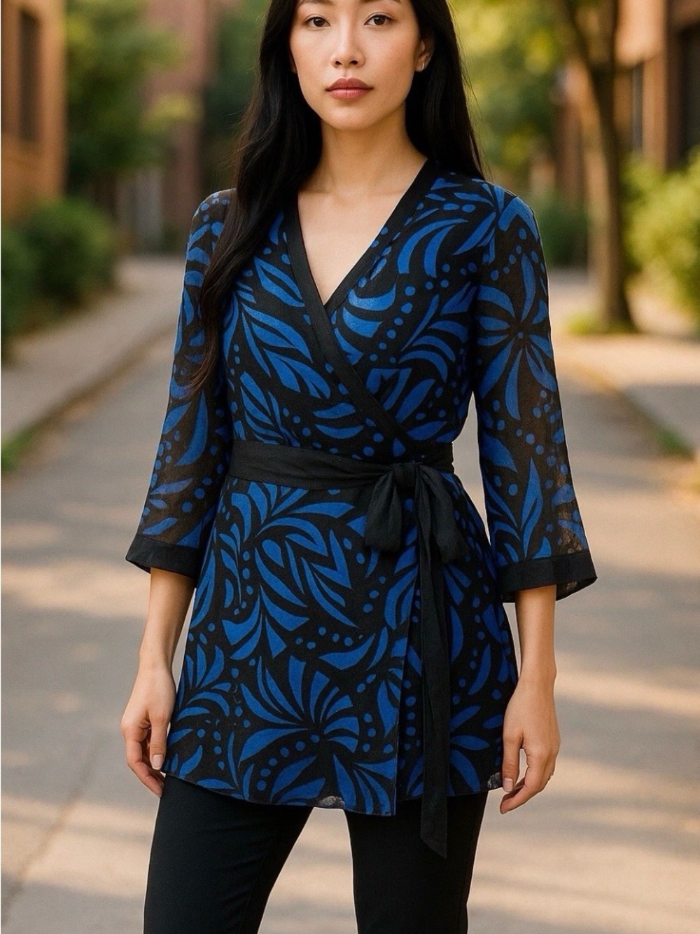 Silkland Womens Size Small Black & Blue Wrap Blouse 100% Silk Career wrap